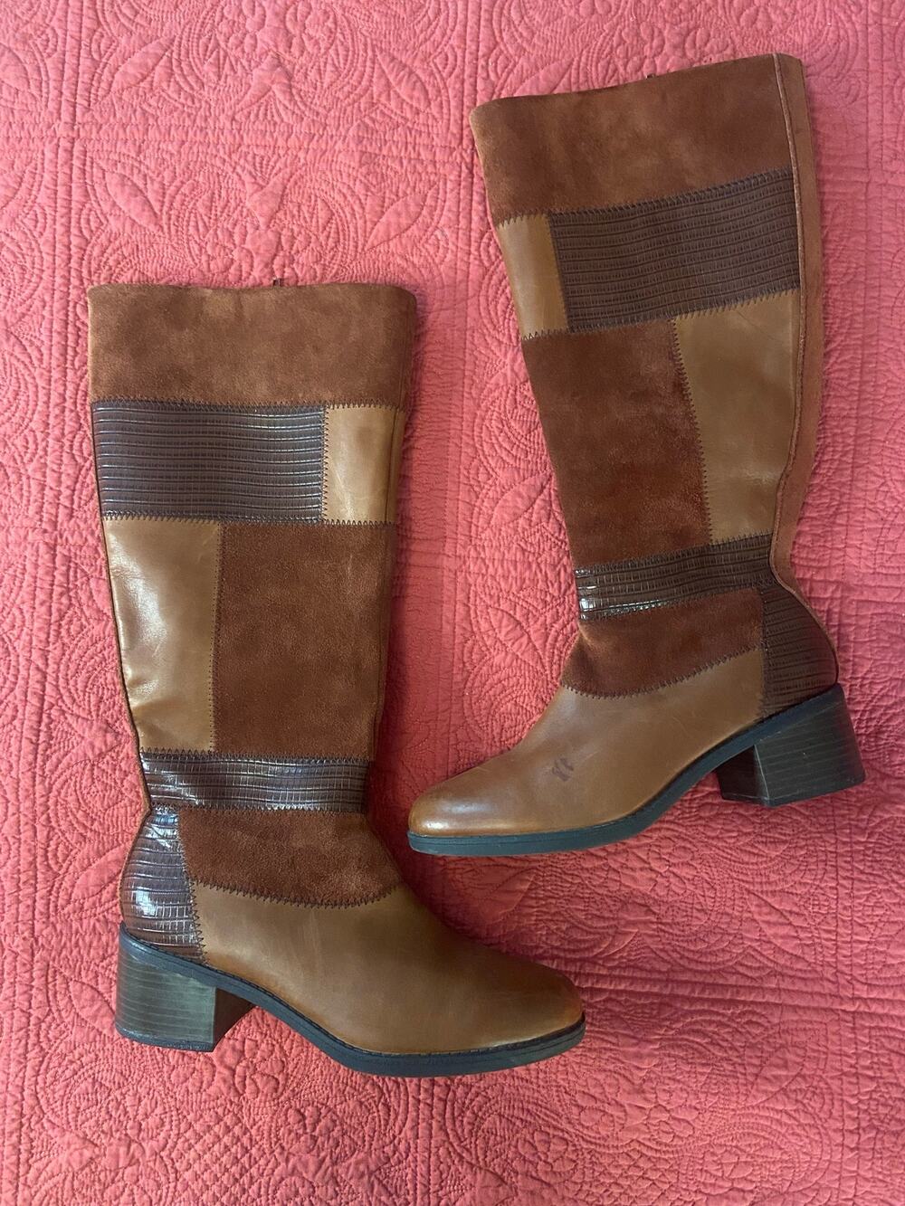 Clarks Novella Nova brown leather and suede patchwork riding boots